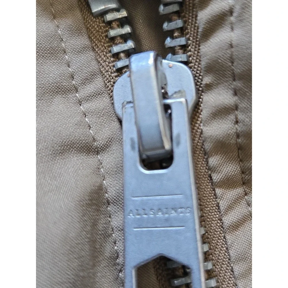 AllSaints Mens Tan Khaki Racer Bomber Jacket XL Embroidered Logo Zip Cuffs - Picture 16 of 16